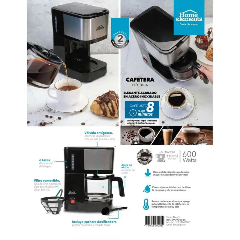 CAFETERA 6 TAZAS NEGRA VIDRIO HOME ELEMENTS