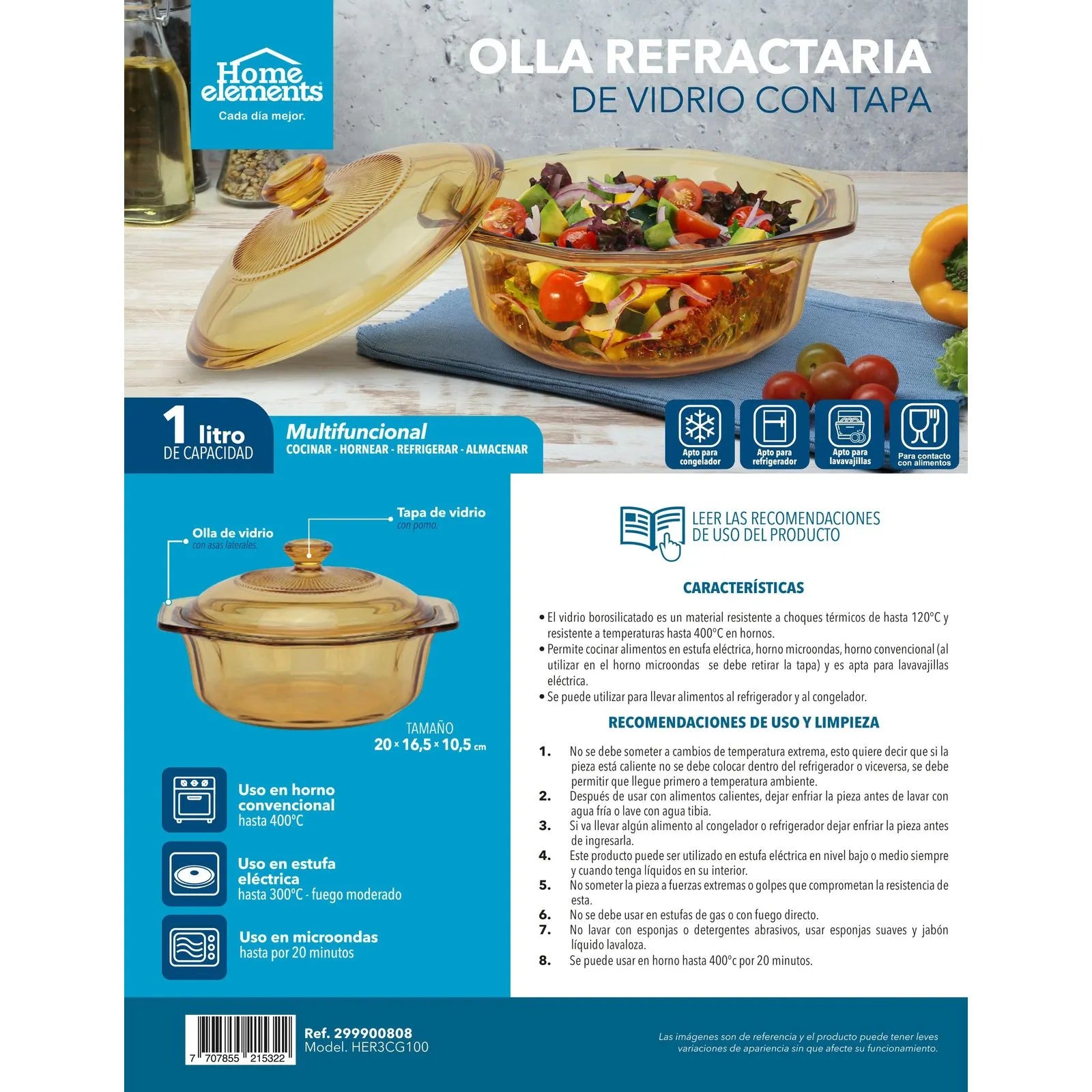 OLLA REFRACTARIA DE VIDRIO 1 LITRO CON TAPA