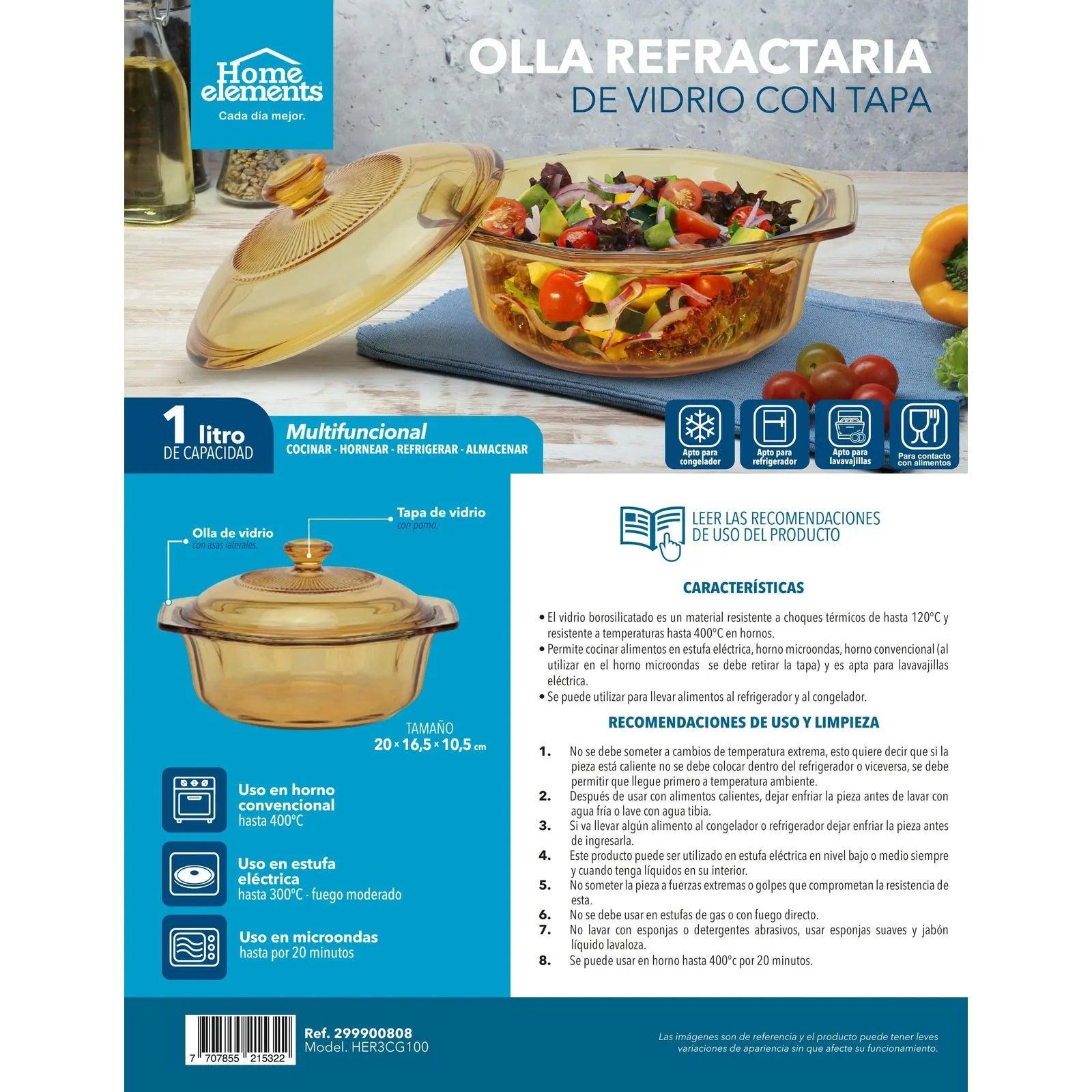 OLLA REFRACTARIA DE VIDRIO 1 LITRO CON TAPA
